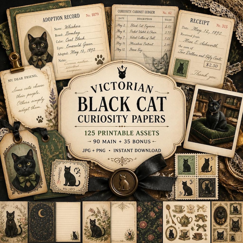 May include: A collection of Victorian-themed printable papers featuring black cat illustrations, vintage ledger pages, adoption records, receipts, postage stamps, and floral patterns with text including Victorian Black Cat Curiosity Papers.