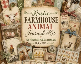Immagini digitali per junk journal a tema fattoria, Kit per junk journal con animali da fattoria, animali da fattoria, clipart a tema fattoria, rustico