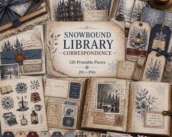 Winter junk journal, Kit, winter prints, winter clipart, Snowbound Library Correspondence
