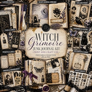 May include: A collection of vintage-style ephemera for junk journaling, featuring layered papers, tags, tickets, and ready journal spreads. The kit includes images of a black cat, raven, butterfly, and the text "Witch Grimoire".