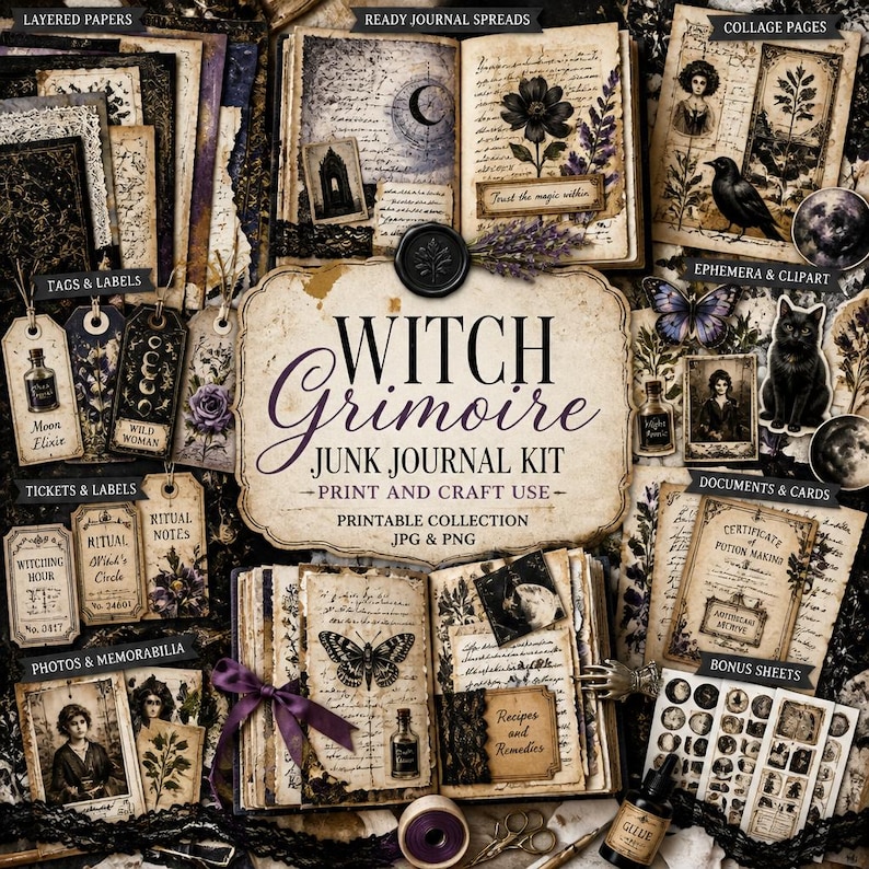 May include: A collection of vintage-style ephemera for junk journaling, featuring layered papers, tags, tickets, and ready journal spreads. The kit includes images of a black cat, raven, butterfly, and the text "Witch Grimoire".