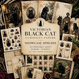 May include: A collection of Victorian Black Cat Curiosity Papers featuring 125 printable assets, including 90 main and 35 bonus items. The set displays various black cat illustrations, vintage-style stationery, and decorative tags in a beige palette.
