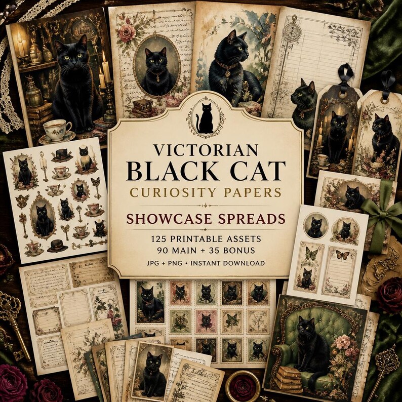 May include: A collection of Victorian Black Cat Curiosity Papers featuring 125 printable assets, including 90 main and 35 bonus items. The set displays various black cat illustrations, vintage-style stationery, and decorative tags in a beige palette.