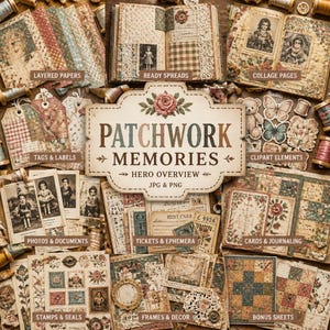 May include: A collection of vintage-style scrapbook elements, including layered papers, ready spreads, collage pages, tags, labels, and clipart. The central sign reads "PATCHWORK MEMORIES" with "HERO OVERVIEW JPG & PNG" below. Various photos, tickets, stamps, and frames are also displayed.
