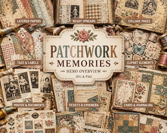 Patchwork Memories Junk Journal Kit, Vintage Sewing Ephemera, Quilt Papers, Printable Scrapbook Papers