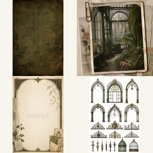 May include: A collection of stationery items including a dark textured background sheet, a photograph of a greenhouse with a paperclip, a lined writing page with floral accents and the word SAMPLE, and a sheet of various gothic arch designs.