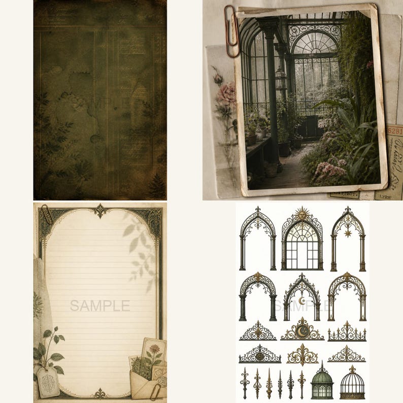 May include: A collection of stationery items including a dark textured background sheet, a photograph of a greenhouse with a paperclip, a lined writing page with floral accents and the word SAMPLE, and a sheet of various gothic arch designs.
