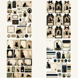 May include: A collection of vintage-style paper ephemera featuring black cat illustrations, ornate frames, gift tags, labels, and decorative borders. The set includes various rectangular and oval shapes with cream, black, and muted green tones.
