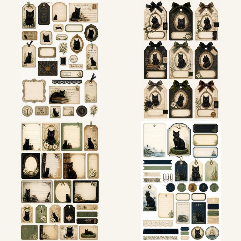 May include: A collection of vintage-style paper ephemera featuring black cat illustrations, ornate frames, gift tags, labels, and decorative borders. The set includes various rectangular and oval shapes with cream, black, and muted green tones.