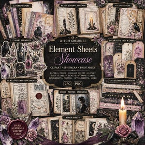 May include: A showcase of "Witch Grimoire" junk journal kit elements. The image displays layered papers, ready journal spreads, collage pages, clipart elements, decorative tags, and more. The color palette includes shades of purple, black, and cream, with a gothic and vintage aesthetic.