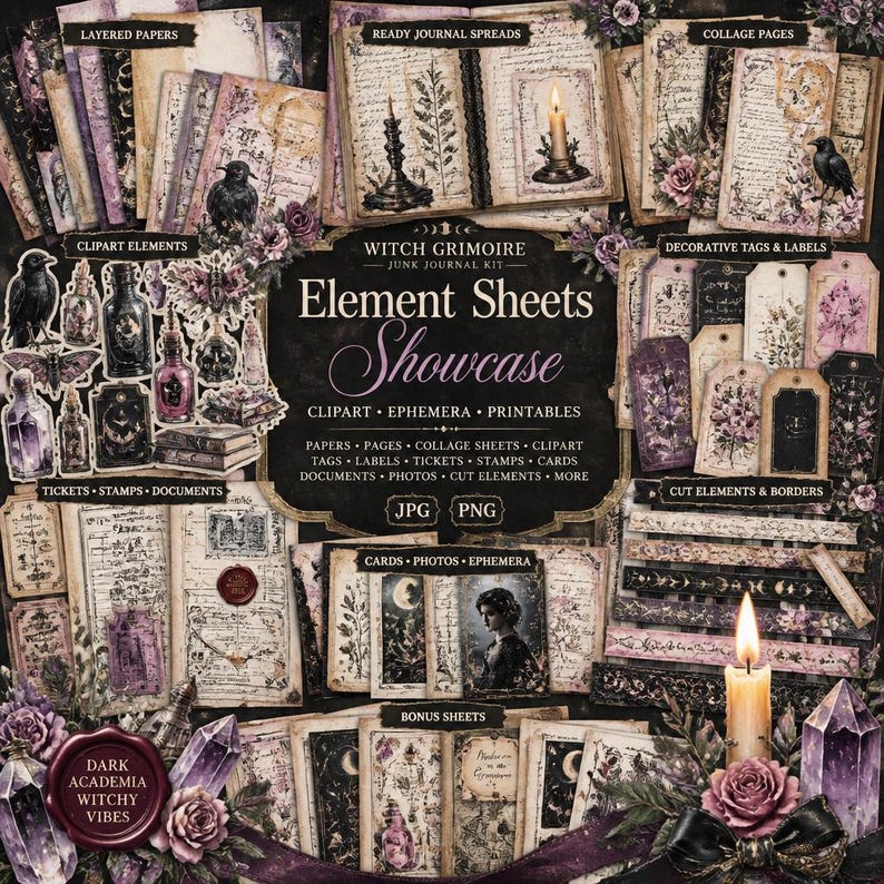 May include: A showcase of "Witch Grimoire" junk journal kit elements. The image displays layered papers, ready journal spreads, collage pages, clipart elements, decorative tags, and more. The color palette includes shades of purple, black, and cream, with a gothic and vintage aesthetic.