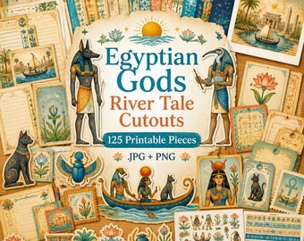 Egyptian gods junk journal, mythology ephemera, pharaoh journal kit, lotus and scarab paper, deity journaling cards, papyrus note pages