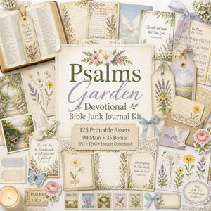 Könnte beinhalten: Ein digitales Junk-Journal-Set mit dem Titel Psalms Garden Devotional Bible Junk Journal Kit, das 125 druckbare Elemente wie florale Schreibwaren, religiöse Textkarten, Taubenillustrationen, Vintage-Anhänger und Schmetterlingsmotive enthält.