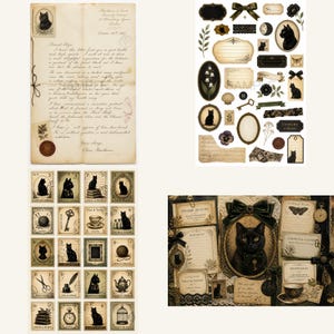 May include: A collection of vintage-style paper ephemera featuring black cat illustrations, handwritten letters, ornate frames, botanical sketches, postage stamps, and decorative labels in sepia and cream tones with dark green and black accents.