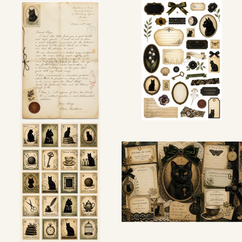 May include: A collection of vintage-style paper ephemera featuring black cat illustrations, handwritten letters, ornate frames, botanical sketches, postage stamps, and decorative labels in sepia and cream tones with dark green and black accents.