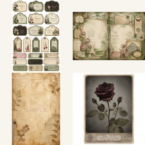May include: A collection of botanical-themed paper ephemera including various rectangular and tag-shaped labels with floral illustrations, a double-page spread with greenhouse imagery, a textured parchment-style sheet, and a dark rose print.