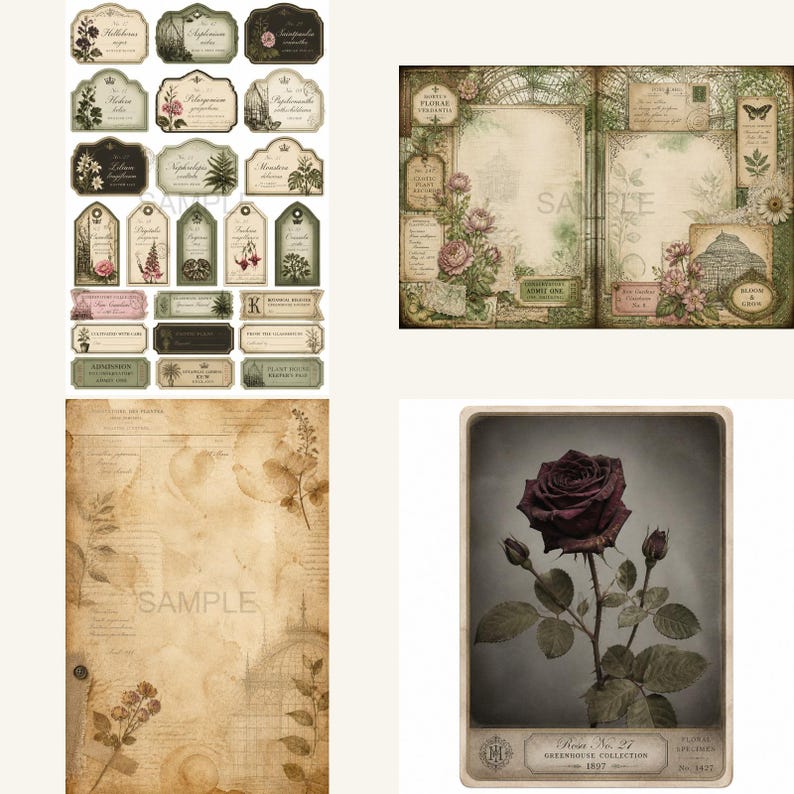 May include: A collection of botanical-themed paper ephemera including various rectangular and tag-shaped labels with floral illustrations, a double-page spread with greenhouse imagery, a textured parchment-style sheet, and a dark rose print.