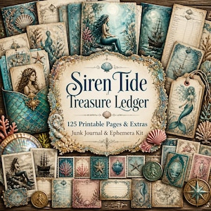 May include: A collection of printable junk journal pages and ephemera featuring a Siren Tide Treasure Ledger theme. The set includes various cards, tags, and papers decorated with mermaids, seashells, ships, and nautical motifs in blue and gold.