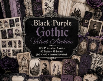 Black and purple junk journal, Kit, purple and black, black junk journal, Black Purple Gothic Velvet Archive