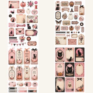 K&ouml;nnte beinhalten: Zwei B&ouml;gen mit Halloween-Stickern und Etiketten in Rosa, Schwarz und Creme. Designs umfassen K&uuml;rbisse, schwarze Katzen, Geister und florale Akzente. Der Text enth&auml;lt "Halloween Carnival", "Spooky Sweet" und "Boo to You".
