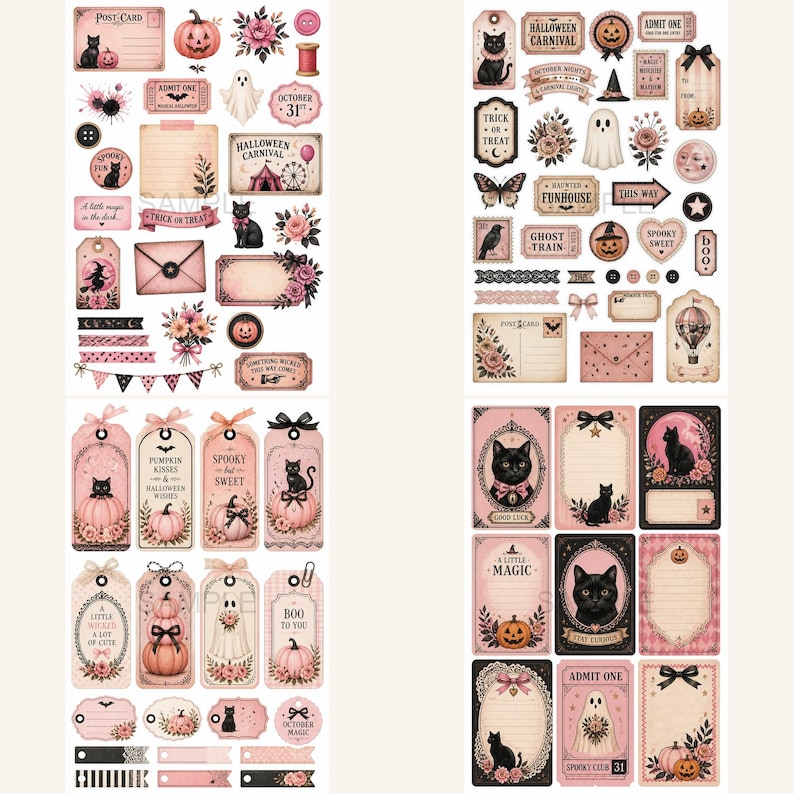 K&ouml;nnte beinhalten: Zwei B&ouml;gen mit Halloween-Stickern und Etiketten in Rosa, Schwarz und Creme. Designs umfassen K&uuml;rbisse, schwarze Katzen, Geister und florale Akzente. Der Text enth&auml;lt "Halloween Carnival", "Spooky Sweet" und "Boo to You".