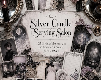 Könnte beinhalten: Eine Sammlung von 125 druckbaren Elementen mit dem Titel Silver Candle Scrying Salon, bestehend aus Schreibwaren, Anhängern und Karten im Gothic-Stil mit Mond-, Schmetterlings- und Kerzenmotiven in Schwarz, Weiß und Grau auf Marmoroptik.