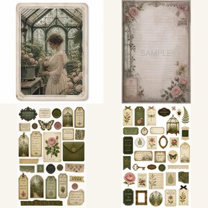 May include: A collection of stationery items including two rectangular cards with greenhouse and floral imagery, and two sheets of assorted die-cut stickers featuring botanical illustrations, vintage-style tags, envelopes, butterflies, and frames.