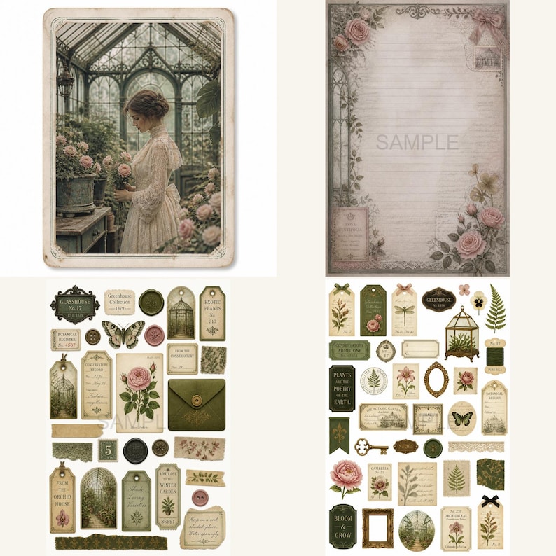 May include: A collection of stationery items including two rectangular cards with greenhouse and floral imagery, and two sheets of assorted die-cut stickers featuring botanical illustrations, vintage-style tags, envelopes, butterflies, and frames.
