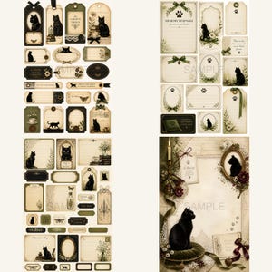 May include: A collection of vintage-style paper ephemera featuring black cat illustrations, floral motifs, and decorative frames. The set includes various rectangular and oval tags, labels, and journaling cards in cream, olive green, and dark brown tones.