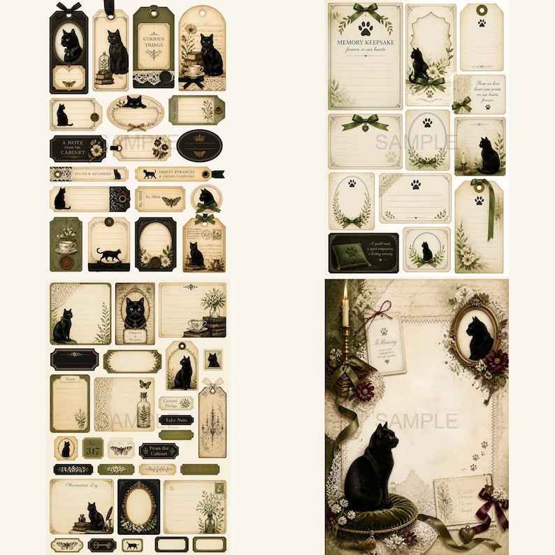 May include: A collection of vintage-style paper ephemera featuring black cat illustrations, floral motifs, and decorative frames. The set includes various rectangular and oval tags, labels, and journaling cards in cream, olive green, and dark brown tones.