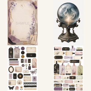 May include: An assortment of vintage-style stationery and decorative elements. Includes a lined paper with "SAMPLE" text, a crystal ball on a decorative stand, and various tags and stickers with celestial and botanical designs. Colors include purple, beige, and black.