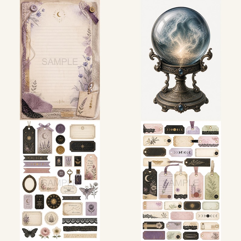 May include: An assortment of vintage-style stationery and decorative elements. Includes a lined paper with "SAMPLE" text, a crystal ball on a decorative stand, and various tags and stickers with celestial and botanical designs. Colors include purple, beige, and black.