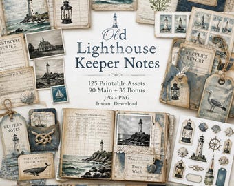 Diario di bordo a tema faro, Kit, clipart di faro, faro vintage, appunti del vecchio guardiano del faro