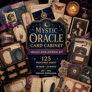 以下が含まれることがあります： 125種類の印刷可能な素材を含むMystic Oracle Card Cabinetジャンクジャーナルキット。JPGおよびPNG形式で、メイン90点とボーナス35点が含まれています。天体、植物、神秘的なモチーフのカード、タグ、紙のコレクションです。