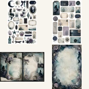 May include: A collection of decorative paper ephemera featuring nautical and mermaid themes in shades of blue, grey, and cream. The set includes various die-cut stickers, labels, tags, and stationery sheets adorned with illustrations of mermaids, seashells, coral, moons, and vintage-style script text.