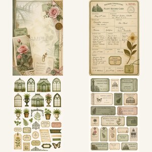 May include: A collection of vintage-style paper ephemera featuring botanical illustrations, conservatory architecture, and plant record cards. The set includes various rectangular tags, tickets, and labels in muted green, cream, and brown tones.