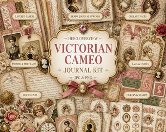 Victorian Cameo Junk Journal Kit, Vintage Ephemera Papers, Printable Stationery, Tags, Photos, Labels, Scrapbook Bundle