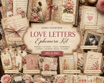 Love Letters Junk Journal Kit, Vintage Ephemera Printable, Romantic Scrapbook Papers, Stationery, Tags, Photos