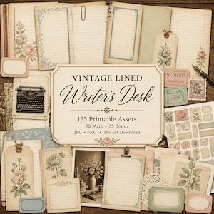 Könnte beinhalten: Eine Sammlung von Schreibwaren im Vintage-Stil mit linierten Papieren, Blumenanhängern, Tickets und einer Schreibmaschinen-Illustration. Das zentrale Etikett lautet: VINTAGE LINED Writer's Desk, 125 Printable Assets, 90 Main + 35 Bonus, JPG + PNG, Instant Download.
