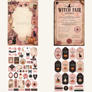 K&ouml;nnte beinhalten: Eine Sammlung von Halloween-Ephemera im Vintage-Stil. Enth&auml;lt eine Witch Fair-Genehmigung, dekorative Etiketten mit K&uuml;rbis- und Katzenillustrationen sowie dekorative Elemente wie Banner, Rosen und ein Zirkuszelt. Die Farbpalette ist haupts&auml;chlich rosa, schwarz und creme.
