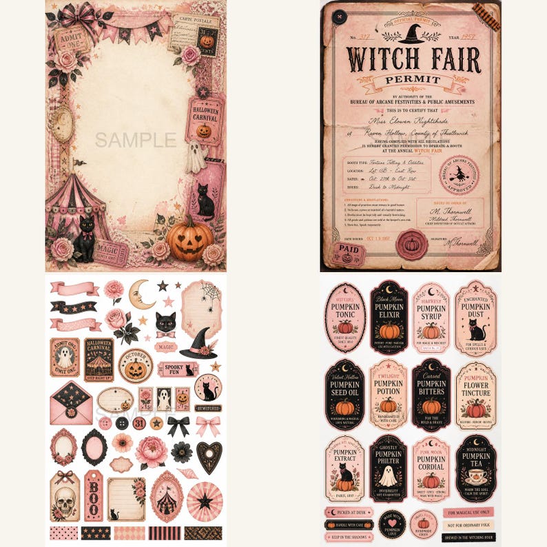K&ouml;nnte beinhalten: Eine Sammlung von Halloween-Ephemera im Vintage-Stil. Enth&auml;lt eine Witch Fair-Genehmigung, dekorative Etiketten mit K&uuml;rbis- und Katzenillustrationen sowie dekorative Elemente wie Banner, Rosen und ein Zirkuszelt. Die Farbpalette ist haupts&auml;chlich rosa, schwarz und creme.