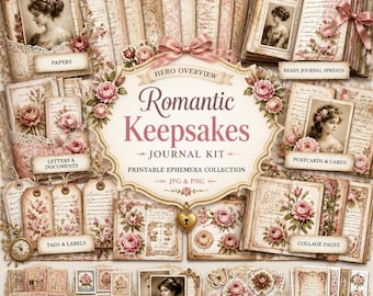 Kit de diario de recortes vintage romántico, efímeros victorianos, cartas de amor, papeles florales, paquete de álbum de recortes imprimible