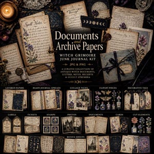 May include: A collection of antique-style documents and ephemera, including layered papers, ready journal spreads, and collage pages. The kit features decorative tags, stamps, photos, and bonus sheets. The text "Documents and Archive Papers" is displayed.