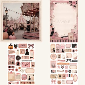 K&ouml;nnte beinhalten: Eine Collage von Halloween-Scrapbook-Elementen in Rosa, Creme und Schwarz. Das Bild enth&auml;lt eine Karussell-Szene, liniertes Papier, Etiketten und dekorative Verzierungen mit schwarzen Katzen, K&uuml;rbissen und dem Text "Halloween Carnival".