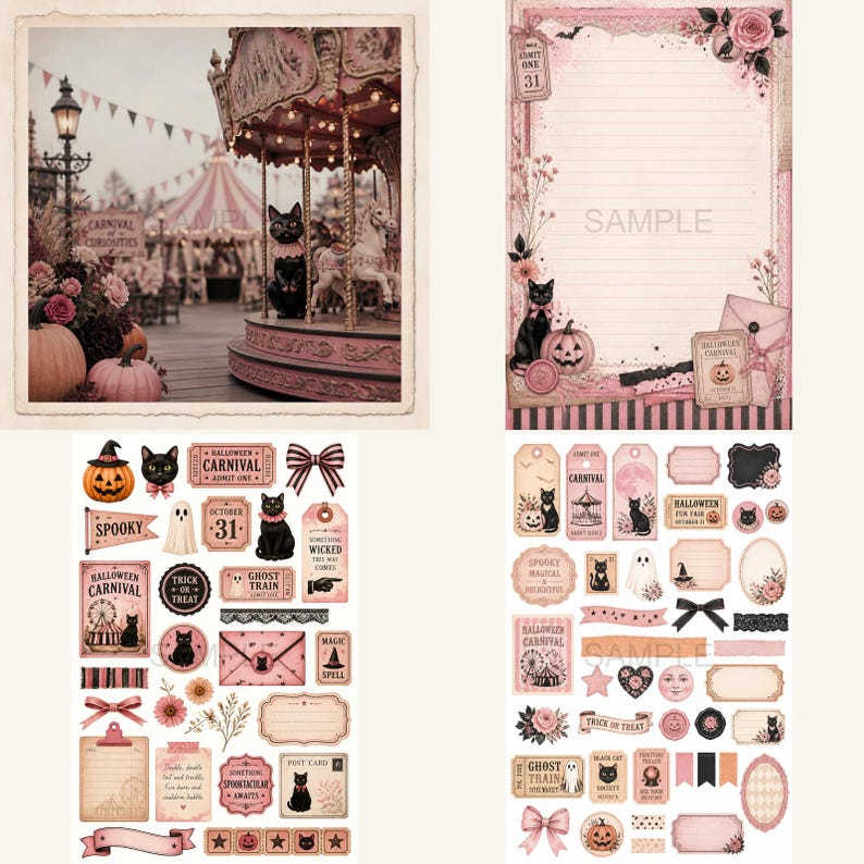 K&ouml;nnte beinhalten: Eine Collage von Halloween-Scrapbook-Elementen in Rosa, Creme und Schwarz. Das Bild enth&auml;lt eine Karussell-Szene, liniertes Papier, Etiketten und dekorative Verzierungen mit schwarzen Katzen, K&uuml;rbissen und dem Text "Halloween Carnival".