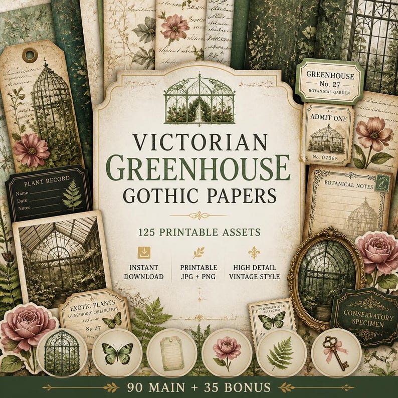 May include: A collection of printable digital assets featuring Victorian greenhouse and botanical themes. The set includes tags, labels, and cards with illustrations of glass structures, roses, ferns, and butterflies in muted green and cream tones.