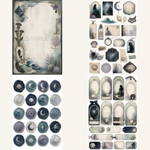 May include: A digital stationery set featuring a lined paper sheet, various die-cut tags, and circular wax seal stickers. The designs incorporate nautical and celestial motifs including mermaids, seashells, waves, moons, and dark floral accents.