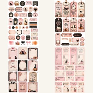 K&ouml;nnte beinhalten: Eine Sammlung von rosa- und cremefarbenen Aufklebern und Anh&auml;ngern zum Thema Halloween. Designs umfassen K&uuml;rbisse, schwarze Katzen, Geister und Karnevalselemente. Text beinhaltet "Ghost Ride" und "Carnival."