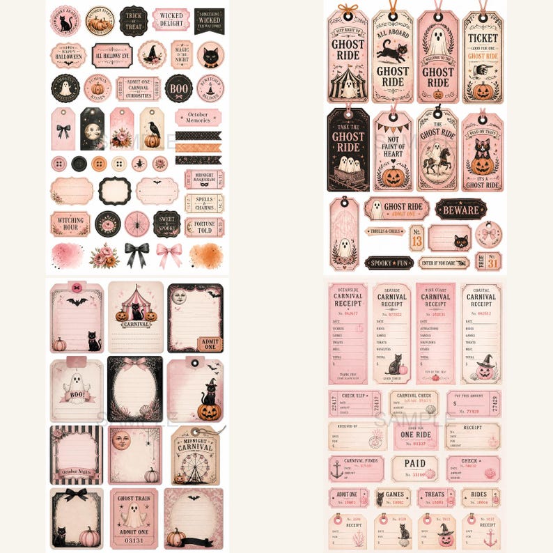 K&ouml;nnte beinhalten: Eine Sammlung von rosa- und cremefarbenen Aufklebern und Anh&auml;ngern zum Thema Halloween. Designs umfassen K&uuml;rbisse, schwarze Katzen, Geister und Karnevalselemente. Text beinhaltet "Ghost Ride" und "Carnival."