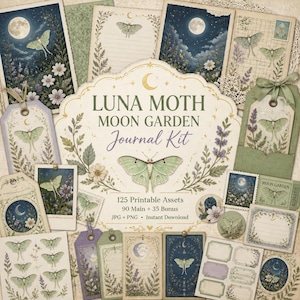 May include: A Luna Moth Moon Garden journal kit featuring 125 printable assets including tags, cards, and labels. The collection displays illustrations of pale green luna moths, full moons, lavender, and white flowers on cream and blue backgrounds.